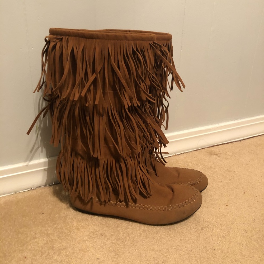 Tan Fringe Moccasin Boots - Wide Calf